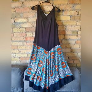 Black Prelude Size L polyester dress with blue and orange pattern skirt